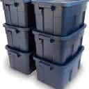 Rubbermaid Roughneck Tote 14 Gal, Made in USA, Dark Indigo Metallic, Rugged Plastic Stackable Storage Bins with Lids and Handles (1 Pc)