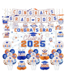 2025 Graduation Decorations-Class of 2025 Decorations Set with Congrats Grad Backdrop,Banner,Honeycomb Centerpiece and Balloons for Blue and Orange Graduation Party Supplies