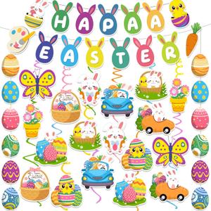 53 Pcs Easter Decorations for Home  Happy Easter, Easter Garland & Bunny Egg Hanging Swirls, Easter Hanging Decorations Indoor for Home Classroom School Easter Party Supplies