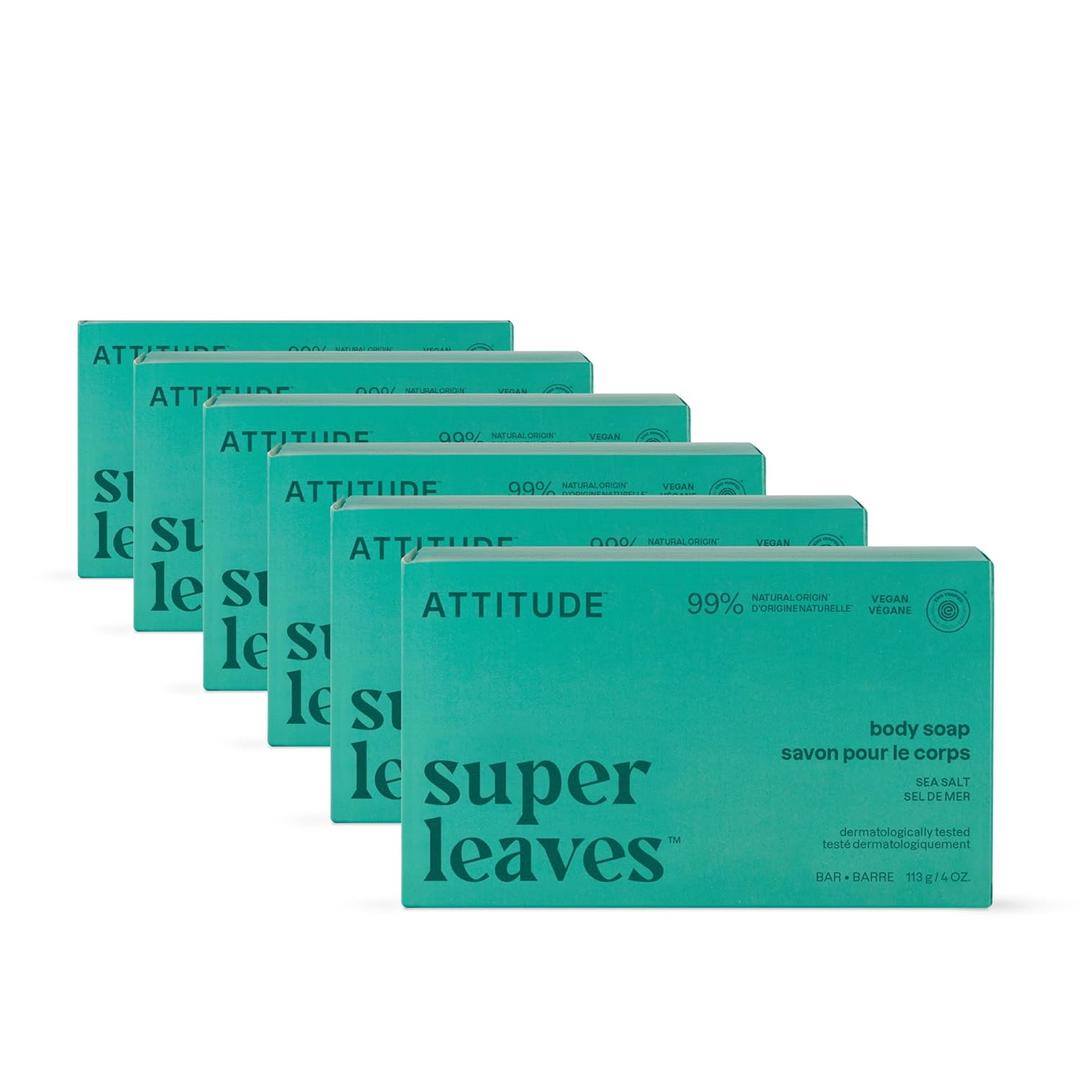 ATTITUDE Body Soap Bar, Natural Origin, Protects and Softens Dry Skin, Watercress, Indian Cress & Olive Oil, EWG Verified & Vegan, Sea Salt, 4 Oz (Pack of 6)