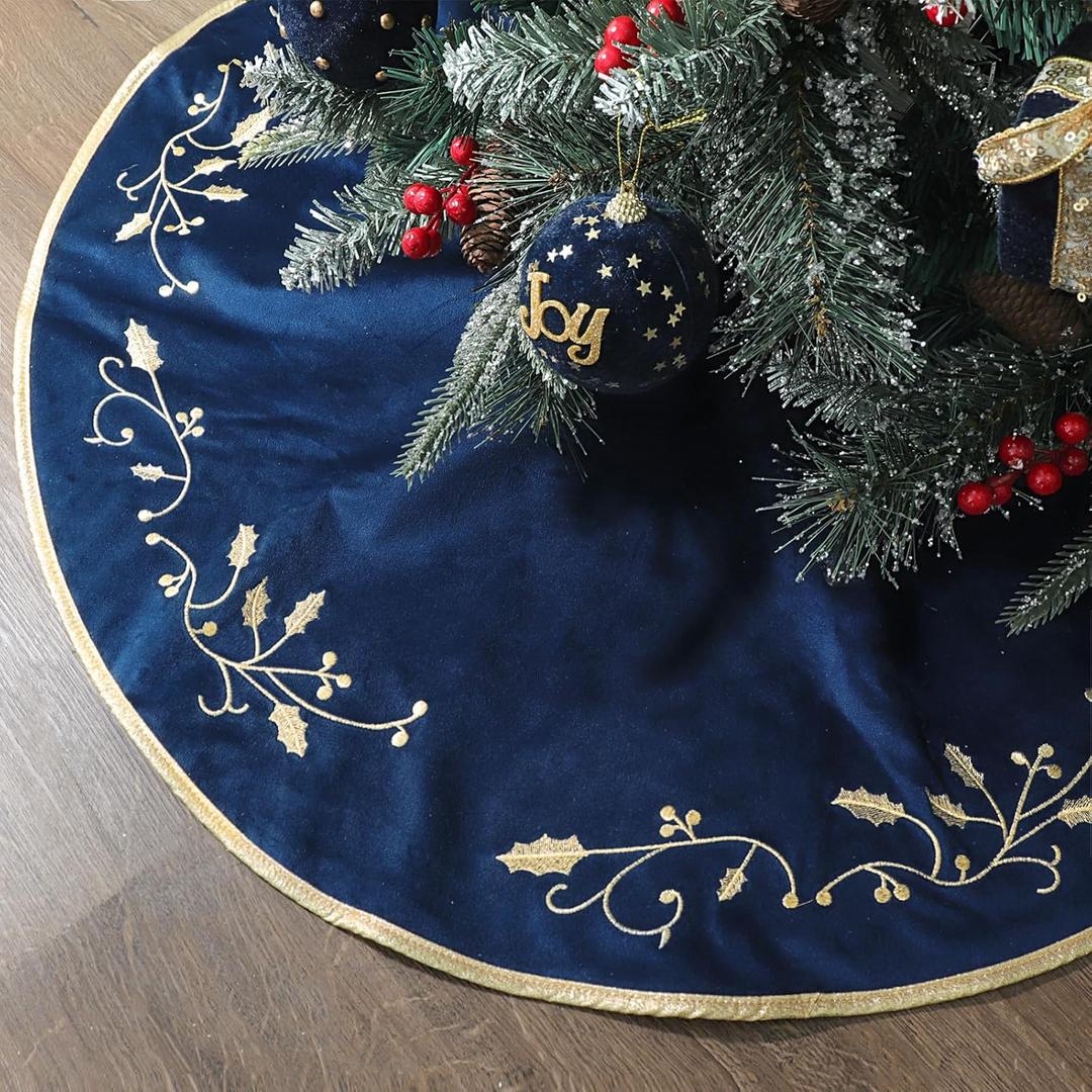 Bunny Chorus Christmas Tree Skirt, 36 inches Large Velvet Fur Plush Blue Tree Skirt, Xmas Tree Skirts with Gold Embroidered Holly Leaf for Merry Christmas Party Christmas Tree Decorations