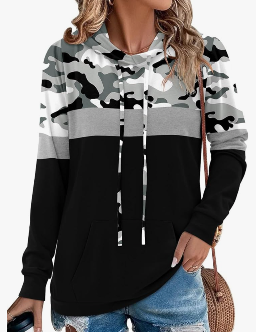 Angerella Hoodies for Women Camo Leopard Print Tops Pullover Hooded Sweatshirt Drawstring with Pocket, Size  L