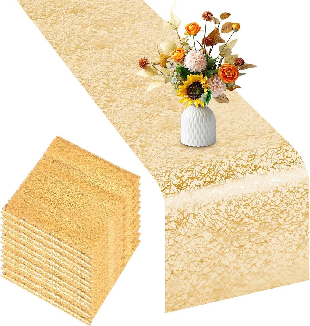 12 Pcs Gold Table Runner 11 x 108 Inch Sequin Glitter Table Runner Roll Metallic Thin Mesh Fabric Decor for Party Wedding Shower Birthday Baby Shower Party Supplies