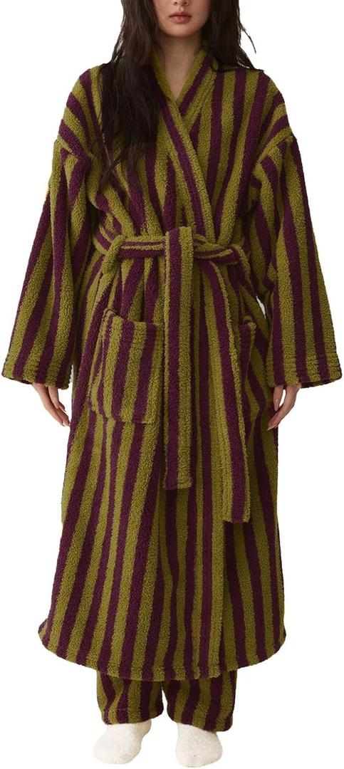 Women's Fuzzy Fleece Long Robe Striped Plush Kimono Warm Thick Fluffy Oversized V Neck Loungewear Maxi Bathrobe (Large, Purple)