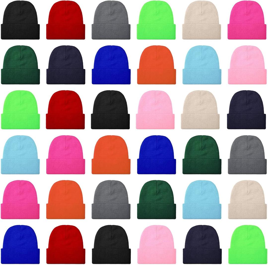 JaGely 36 Pack Different Solid Color Beanies, Colorful Knitted Beanie Caps, Warm Cuffed Skull Caps for Winter Adults Men Women