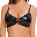 Women's Metallic Bra Tops Shiny Bralette Rave Crop Top with Metal Ring Festival Party Bikini (Black, Size S)