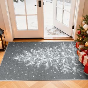 Lahome Christmas Rug Non-Slip 2x4 Rug Washable Small Runner Rug, Stain Resistant Hallway Rugs Soft Grey Bathroom Runner Rug, Christmas Tree Print Snowflake Holiday Decor Rug for Bedroom Entryway