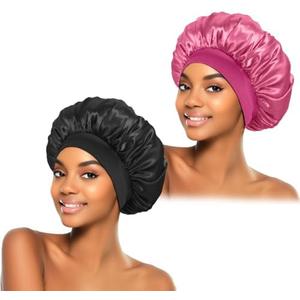 ZHENSILK 2Pcs Silk Bonnet for Sleeping, Satin Hair Bonnets, Soft Elastic Band Silk Sleep Cap, Hair Wrap for Women(Black Rose)