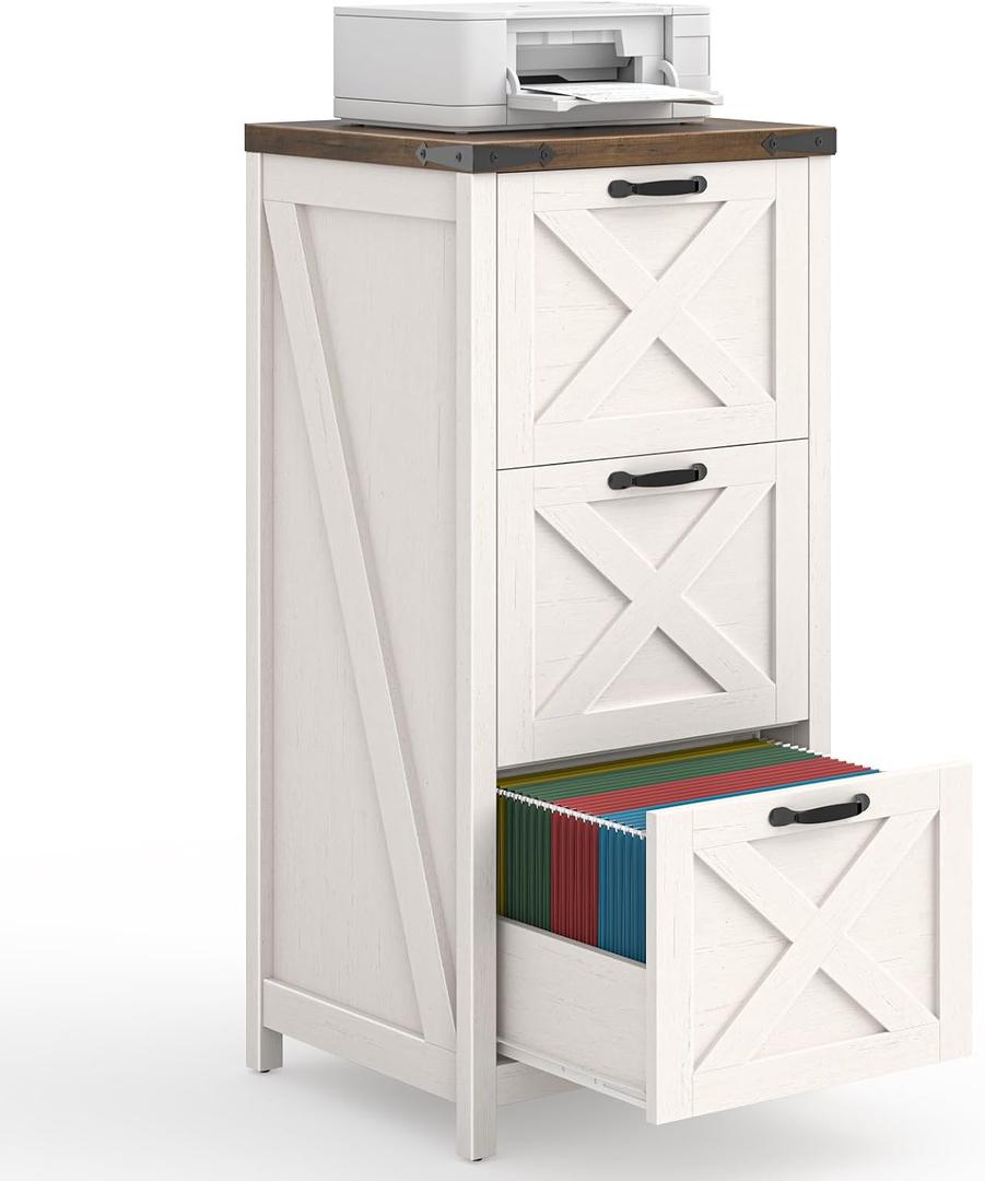 Tall Farmhouse File Cabinet with 3 Drawers for Home Office, White and Brown, File Cabinet with Legs