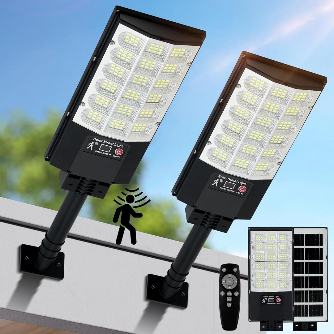 Solar Street Lights Outdoor, Waterproof Motion Sensor Solar Lights with Remote Control, 6500K Dusk to Dawn Parking Lot Flood Light for Outside Garage Yard, 2 Pack (Black)