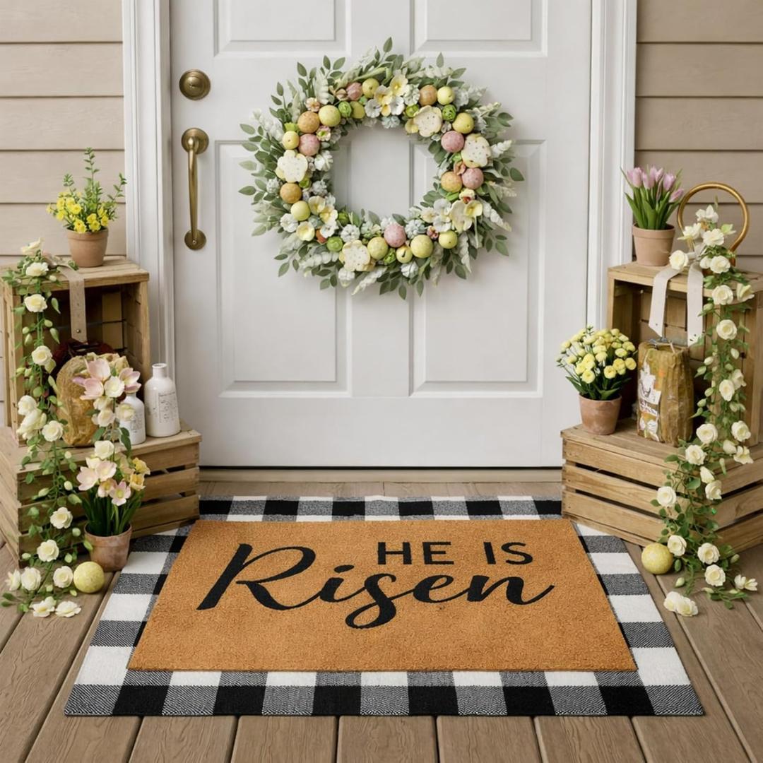 Drydiet 2 Pcs Easter Layered Coir Doormat Set He is Risen Welcome Front Door Mat with Black and White Buffalo Plaid Outdoor Rug Non Slip Porch Entryway Rug for Indoor Outdoor Farmhouse Decor