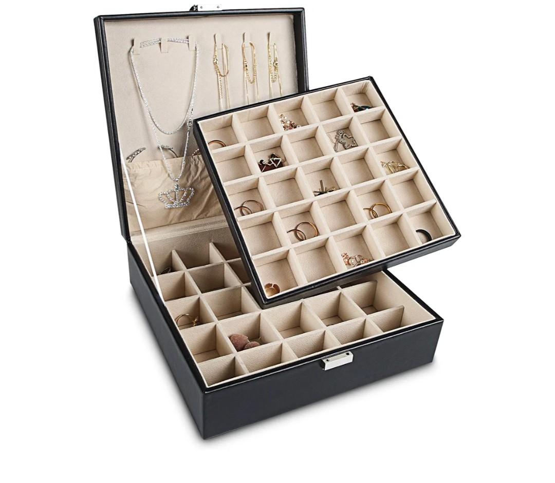 Frebeauty Earring Holder Organizer, 50 Slots Earring Organizer,2 Layer Jewelry Box for Earrings and Necklace,PU Jewelry Organizer,Jewelry Organizers and Storage(Black)