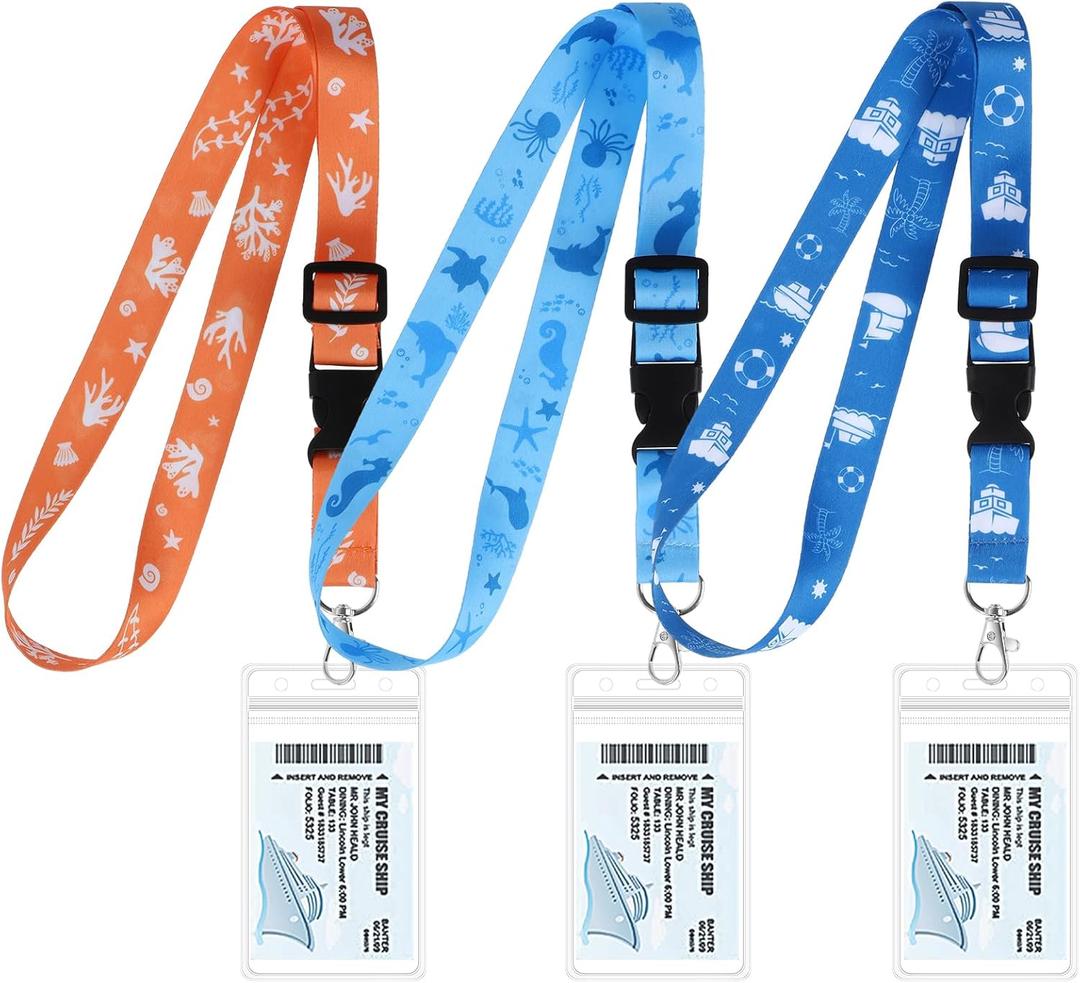3 Pack Adjustable Lanyards with Waterproof ID Holder & Detachable Buckle for Cruise Ship Cards (Unique Style)