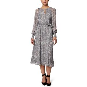 Laundry by Shelli Segal Women's Long Sleeve Midi Dress with Tie Belt (2, Grey Multi)
