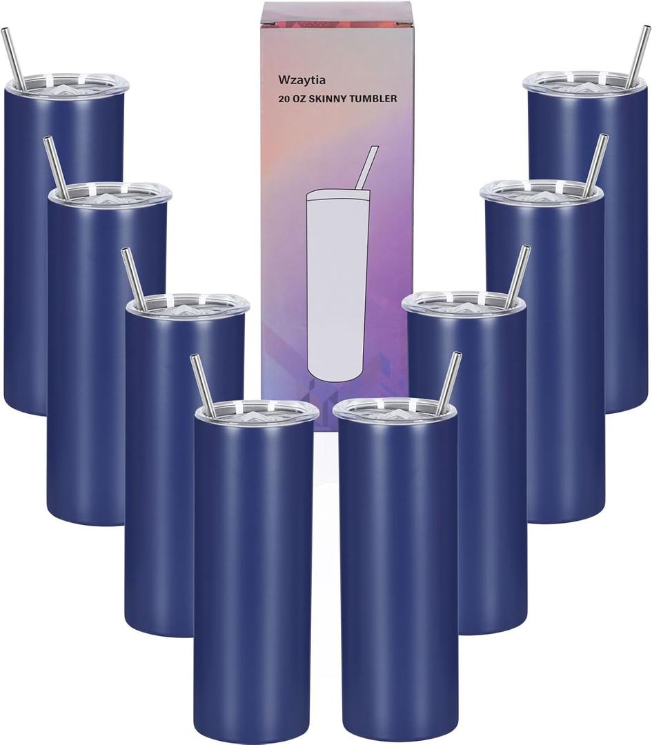 8 Pack 20 Oz Stainless Steel Straight Skinny Tumblers, Insulated Slim Thin Travel Cup Set for DIY, Navy
