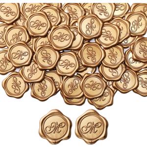 Yoption Initial M Wax Seal Stickers, 100 Pack Gold Self Adhesive Letter Envelope Seal Stickers for Wedding Party Birthday Christmas (M)