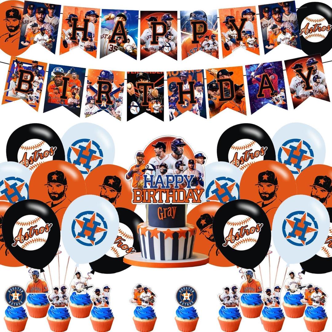 Astros Baseball Party Supplies: Banner, Cake Toppers, Balloons for Baseball Team Party Decorations