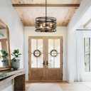 15.7inch Farmhouse Chandelier, Drum Black Farmhouse Chandelier Rustic Wood Grain Metal Chandeliers for Dining Room Retro Semi Flush Mount Foyer Chandelier Entryway Pendant Light for Kitchen Bedroom