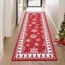 Christmas Runner Rug 2x8 Feet Snowflake and Xmas Tree Bordered Hallway Runner Rug Holiday Decorative Machine Washable Rug Stain Resistant Non-Slip Floor Carpet for Kitchen Laundry, Red