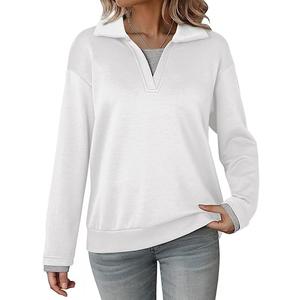 Dokotoo Sweatshirt for Women Long Sleeve Polo V Neck Color Block Oversized Lightweight Soft Casual Solid Color Pullover Sweatshirt Tops Comfy Fall Fashion Outfits Winter Clothes 2025 White Medium