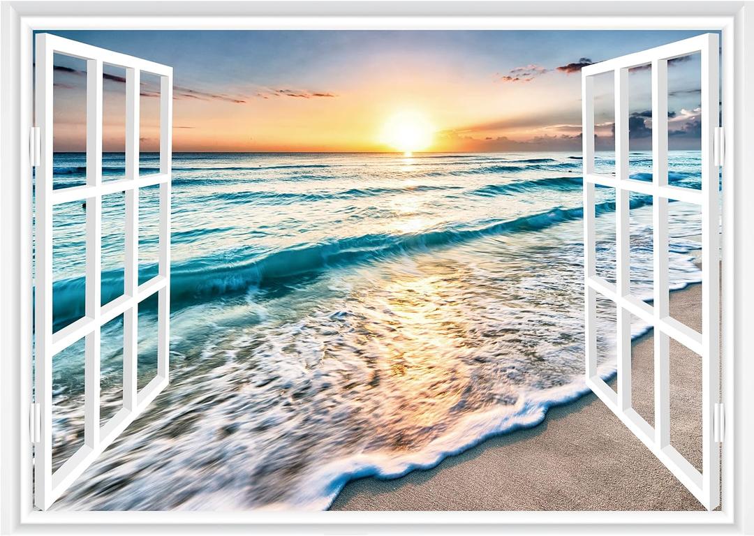 FLFK Fake Window Wall Sticker - Sunset Beach Faux Window Wall Mural for Wall Decor, Stick and Peel Wall Decals,80"x60",Set of 5 Sheets
