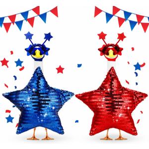 Abbylike 2 Set 4th of July Porch Goose Outfit 250th Red Blue Disco Sequin Star Yard Goose Costume Clothes Fits Large 23'' Cement for Independence Day American Patriotic Statue Patio Garden Art Decor
