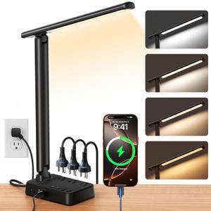 LED Desk Lamp with Power Strip, 3 AC Outlets & 4 USB Ports (2 USB-C), Step less Dimming & 2800K-6500K Eye-Caring Desk Light, Foldable Table Lamp with 5FT Cord for Home Office, Dorm Room Essentials