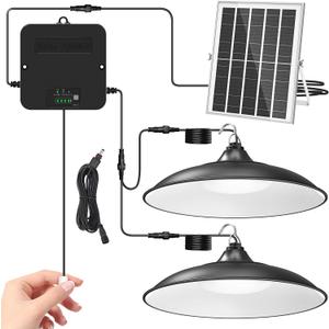 Solar Shed Light Indoor Outdoor, Dual Lamp 2000LM Daytime Pendant Light with Pull String, Dusk to Dawn, 3 Lighting Modes Solar Lights Indoor, Waterproof for Barn, Gazebo, Shop, Garage