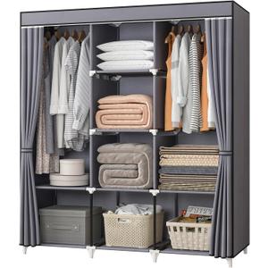 Portable Closet, 51 Inch Wardrobe Closet for Hanging Clothes with 2 Hanging Rods, 8 Storage Organizer Shelves for Bedroom, Durable and Easy to Assemble, Grey, 51 X 17.7 X 66 Inches