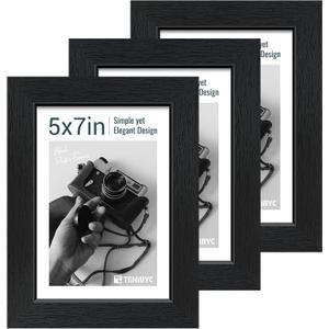 5x7 Picture Frame 3 Pack - Black Woodgrain, Solid Wood & HD Tempered Glass, Table Display or Wall Hanging