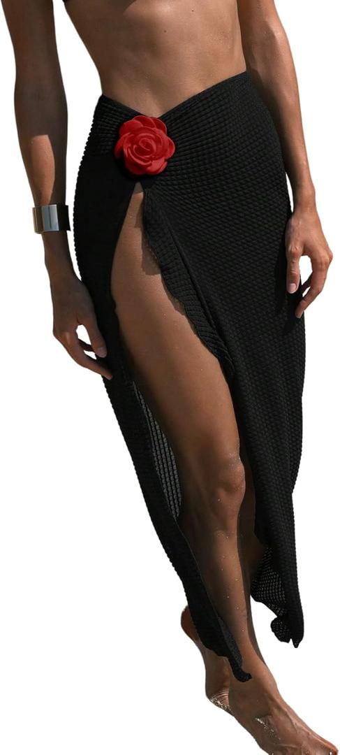 Women's Beach Cover Up Skirt 3D Flower Crochet Out High Split Swimsuit Bathing Suit Beach Skirt (Black, XS)