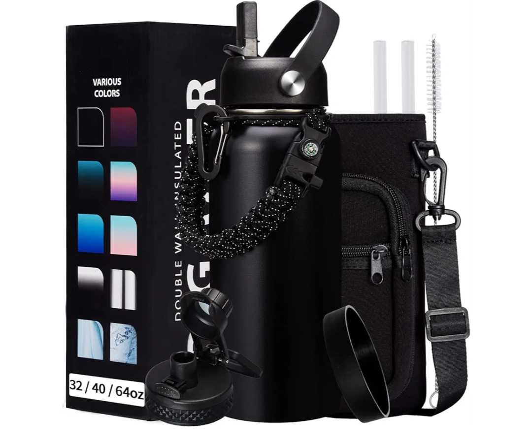 32-40-64OZ Stainless Steel Water Bottle - Black Water Bottle with Straw & Spout Lid, Paracord Handle & Bottle Sleeve, Insulated Vacuum Water Flask Double-Wall Metal Thermo Cup Canteen for Gym School