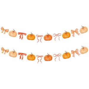Oudain 2 Pack Fall Decor Fall Pumpkin Garland 6.56 ft Orange Pumpkin Paper Bow Hanging Banner for Thanksgiving Autumn Harvest Birthday Party Home Indoor Outdoor Mantle Wall Decor