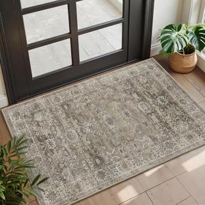 2x3 Entryway Rug Brown Grey Washable Vintage Rugs for Entryway Kitchen Low Pile Non-Slip Door Mat Traditional Distressed Small Throw Carpet for Kitchen Entrance Bathroom Antique/Moss