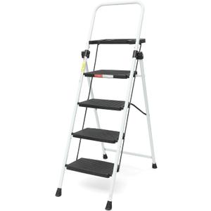 4 Step Ladder, Folding Step Stool with Tool Platform and Anti-Slip Pedal, Sturdy Steel Ladder,Lightweight, Perfect for Home and Kitchen, White