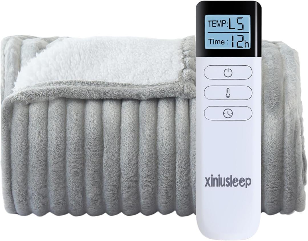Heated Blanket Electric Blanket 62"x84", Soft Flannel Sherpa Electric Throw with 5 Heating Level & 12 Times Setting, Heated Throw with Overheating Protection, Machine Washable(Light Grey)
