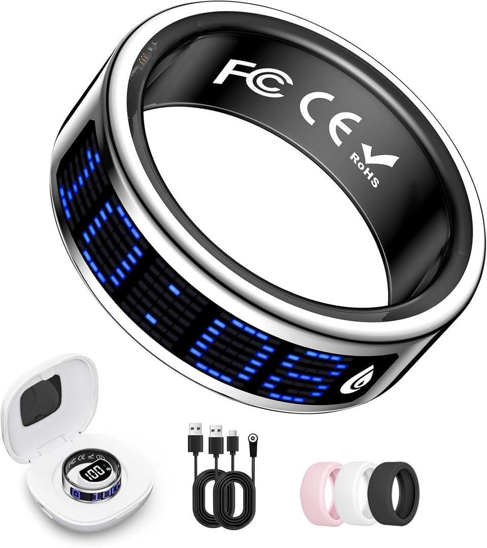 Smart Ring for Women & Men, Fitness & Health Tracker with Display Screen, IP68 Waterproof Smart Rings for Health Monitoring, Fitness Tracker Ring with Call Notification, No App Fees (Silver, 8#)