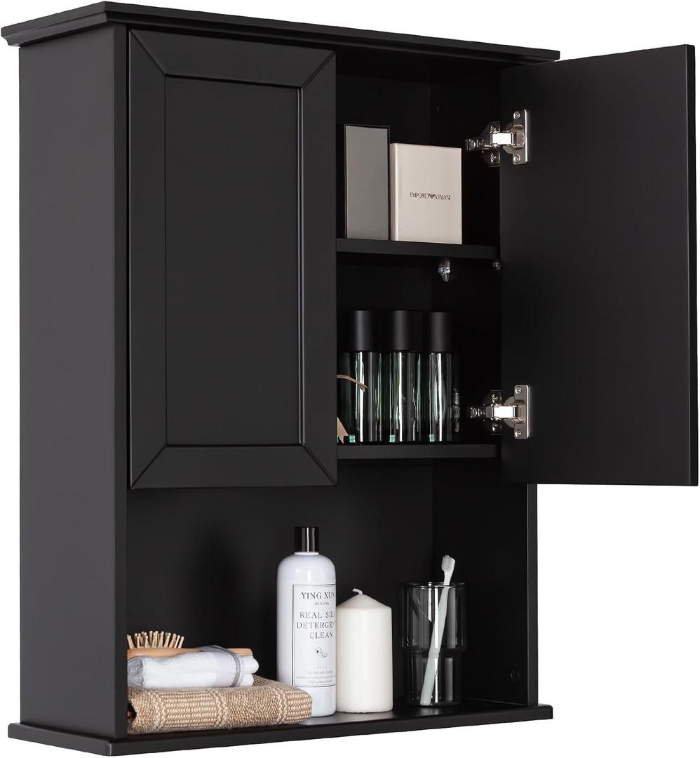 VANIRROR Black Bathroom Wall Cabinet 23x29 inch Wooden Bathroom Medicine Cabinet with 2 Doors and Adjustable Shelf, Wall Mounted Cabinet Over Toilet Storage Cabinet | 2 Doors, Adjustable Shelf, Wall Mounted, Over Toilet Storage