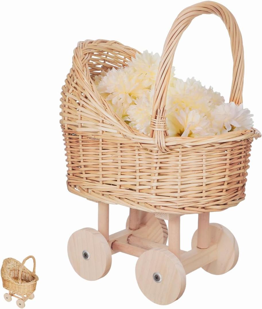 Stroller Shaped Flower Basket - Woven Rattan Basket with Handle Flower Girls Wedding Baby Shower Holder for Present And Wedding Decoration