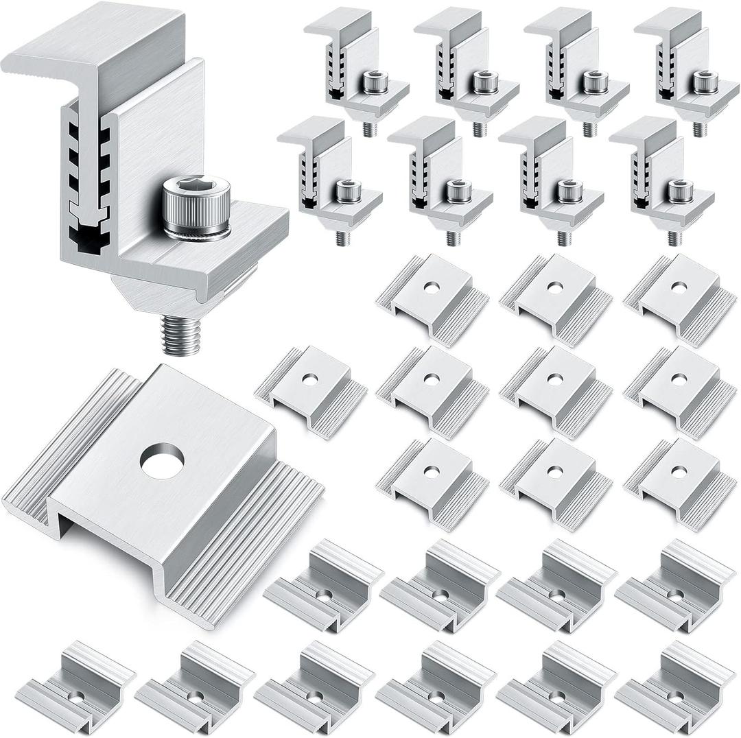 1.06 Inch Solar Panel Bracket Aluminum Solar Mid Clam with Mounting Brackets 32-50 mm Clamps Adjustable End Panel Clamps(28 Pieces)