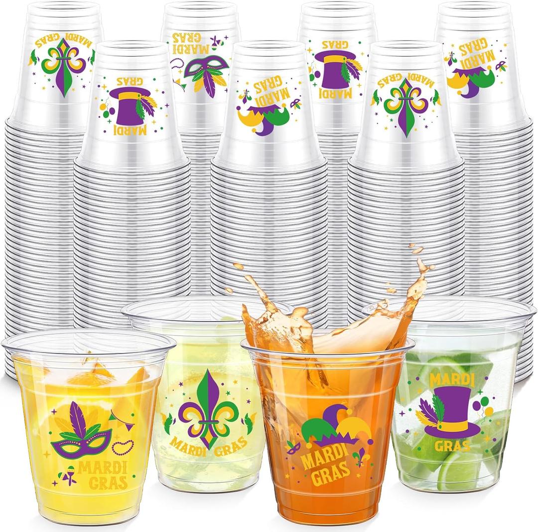 Pickmesh 200 Pack Mardi Gras Decorations Disposable Cups Bulk Mardi Gras Throw Cups 10 oz Clear Plastic Tumblers for Party Supplies Decorations