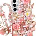 For Samsung Galaxy S25 Glitter Bling Case, Cute Luxury 3D Sparkle Crystal Rhinestones Flowers Diamond Pearl Stunning Stones with Lanyard Wrist Strap Women Girls Case for Galaxy S25 6.2", Pink