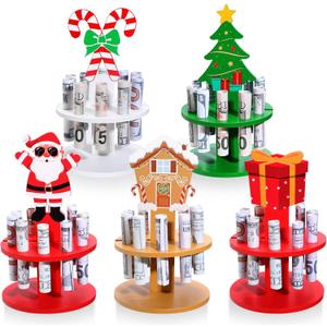 Thyle 5 Pcs Christmas Money Holder Ornaments for Cash Gift Holders with 10 Holes Wooden Balloon Cake Christmas Money Banks Tree Santa Claus Ornaments Holiday Party(Elegant Style)
