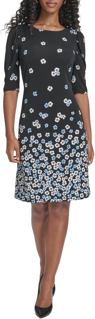 Tommy Hilfiger Women's Short Ruched Sleeve Boat Neck Shift Mini Dress, 16