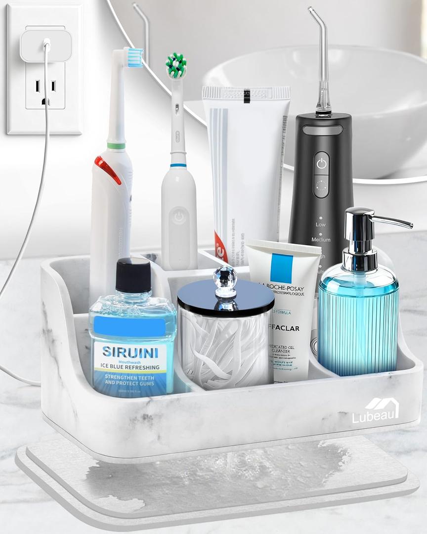 Electric Toothbrush Holder with Instant-Dry & 6 Slots | Upgrade Heavy-Duty Large Countertop Organizer with Cable Holes, Fits Most Electric & Manual Toothbrushes (Marble White)
