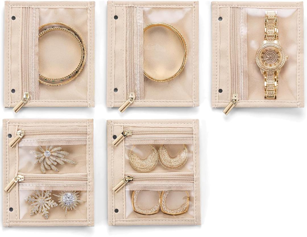 Vlando Travel Jewelry Bag,Small Jewelry Organizers Storage Bag, 5 Pcs Clear Velvet Zipper Pouch Earring Organizer Travel Essentials for Women Girls