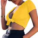 BORIFLORS Women's Sexy Tie Up Crop Top Short Sleeve Deep V Neck Casual Basic T Shirt (Yellow, M)