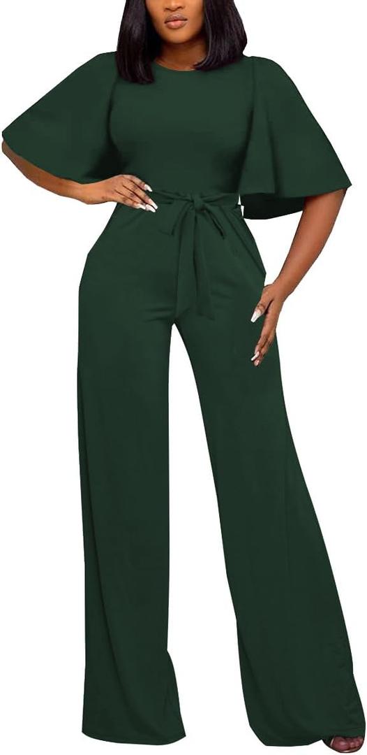 BessCops Womens Loose Short Sleeve Belted Wide Leg Pant Romper Jumpsuit Casual Business One Piece Outfits XL Green