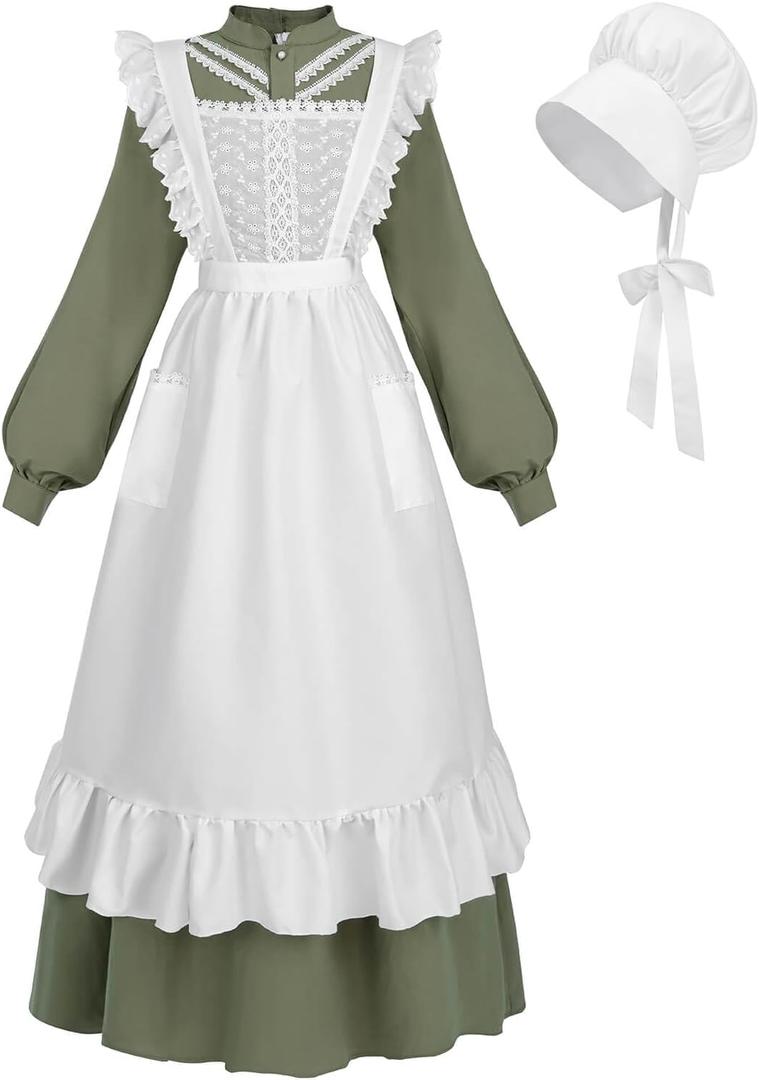 Nuoqi Prairie Dress Women Adult Pioneer Dress Long Colonial Costume with Bonnet Apron (M)