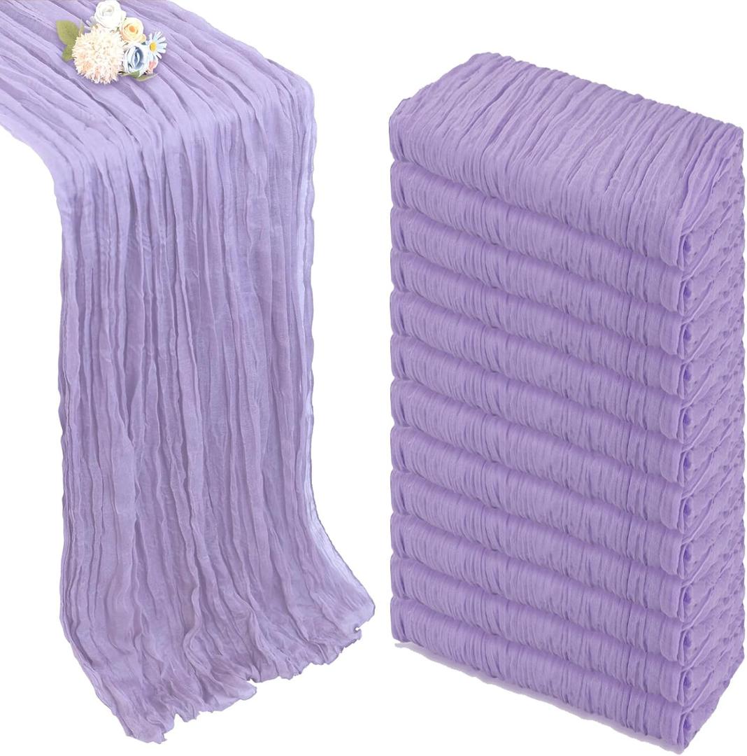 12 Pack Lilac Purple Cheesecloth Table Runner 10ft Boho Gauze Fabric Cheese Cloth Table Runner 35 x 120 Inch Rustic Sheer for Romantic Wedding Decor Baby Shower Party Table Decoration